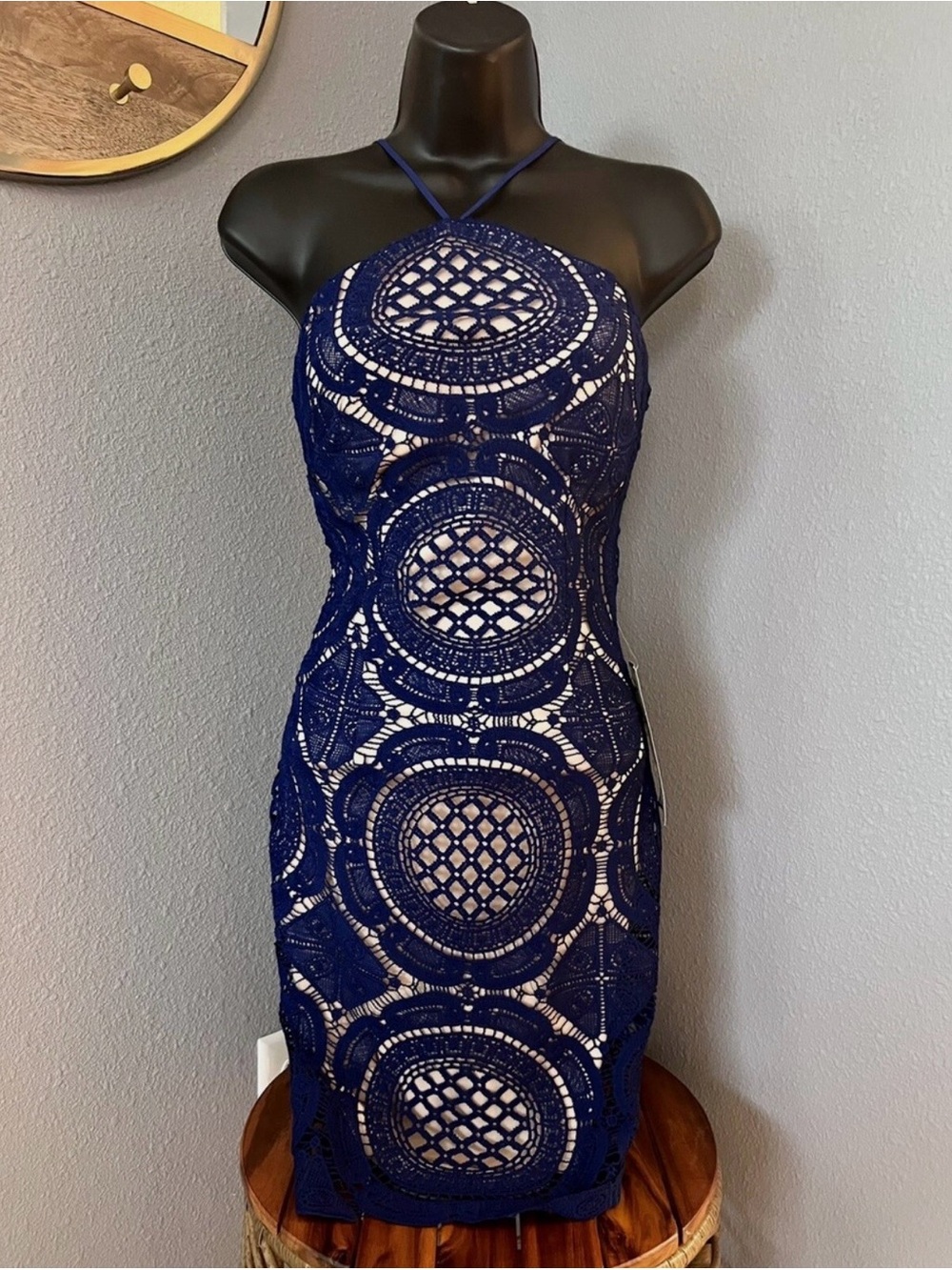 B Darlin Navy Blue Crochet Lace Halter Mini Dress
